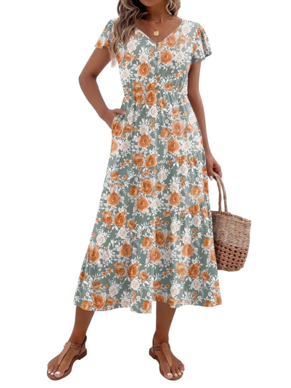 Women's Summer Casual Dress Flutter Short Sleeve V Neck Button Down Tiered Flowy